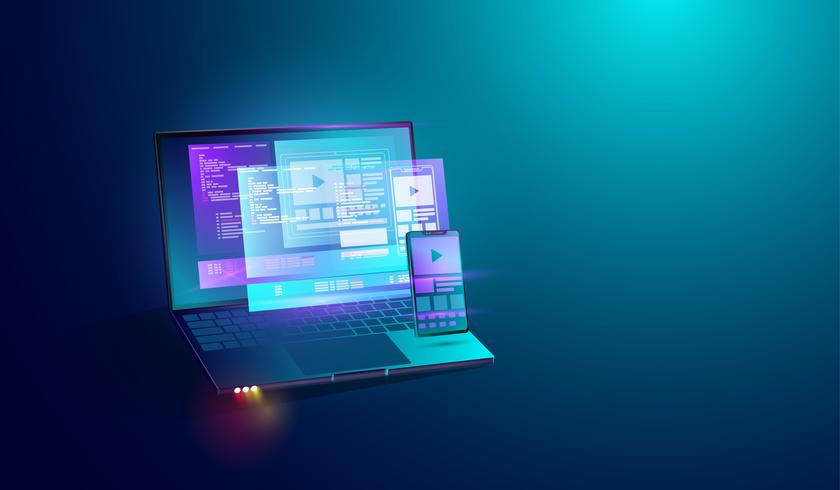 Mobile application development on laptop screen concept background, app coding and web development cross platform devices smartphone, tablet and computer. vector. vector