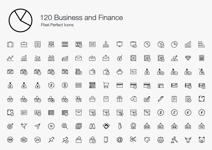 120 iconos perfectos de píxeles de negocios y finanzas (estilo de línea) vector