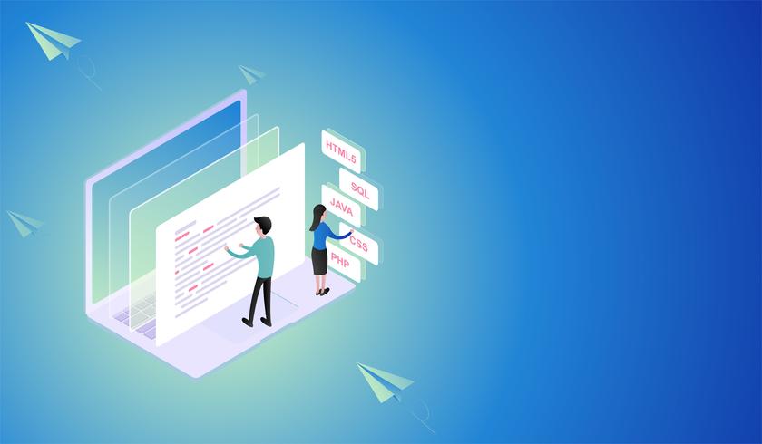 Procesamiento de software y desarrollo de programación. Concepto isométrico, mejores lenguajes de programación y trabajo en equipo para desarrolladores. Vector