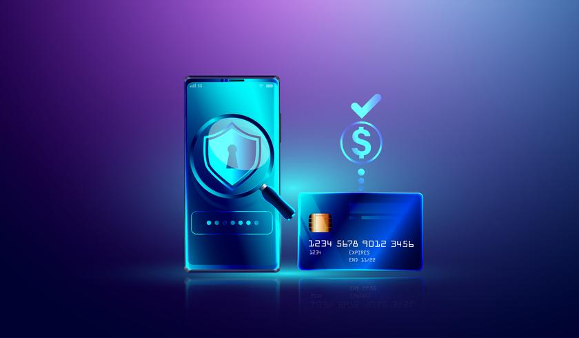 Online payment via credit card protection on smartphone concept. Electronic bill, secure online shopping pay through smartphone and internet banking vector