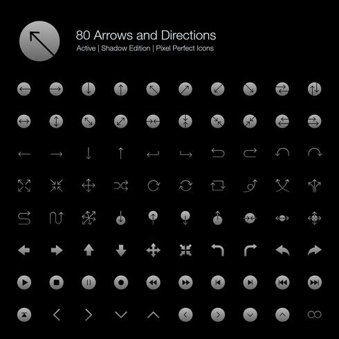 80 Arrows and Directions Pixel Perfect Icons Filled Style Shadow Edition. vector