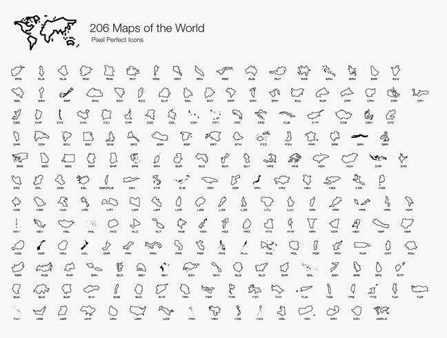 Maps of the World by Country Pixel Perfect Icons Line Style.  vector