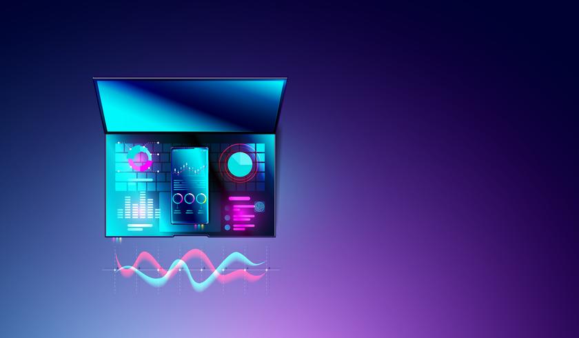 Financial statistics analysis concept on smartphone and laptop with diagrams or graph, data analysis and business planning chart on top views of computer vector