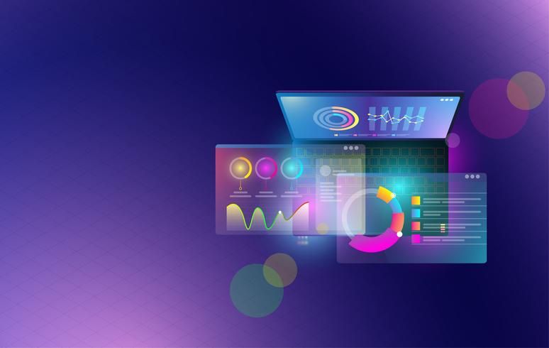 Elementos analíticos y comerciales infográficos financieros en concepto de pantalla portátil. Conjunto isométrico de infografías con gráficos financieros de datos o diagramas y datos estadísticos de información Vector. vector