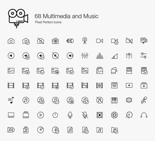 68 Multimedia y música Pixel Perfect Icons Line Style. vector