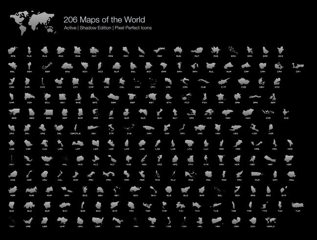 Los 206 mapas de países completos de los iconos de píxeles perfectos del mundo (Filled Style Shadow Edition). vector