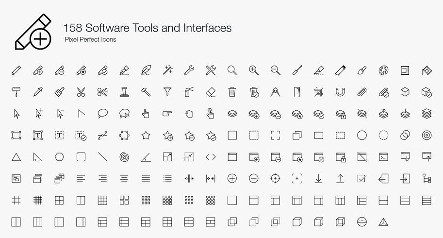 158 Software Tools and Interfaces Pixel Perfect Icons Line Style.  vector