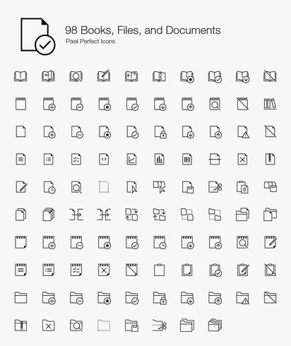 98 Books, Files, and Documents Pixel Perfect Icons Line Style.  vector