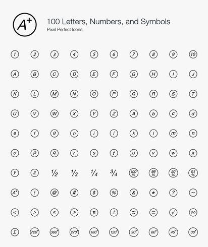 100 letras, números y símbolos Pixel Iconos perfectos Estilo de línea. vector