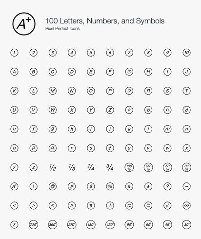100 Letters, Numbers, and Symbols Pixel Perfect Icons Line Style.  vector