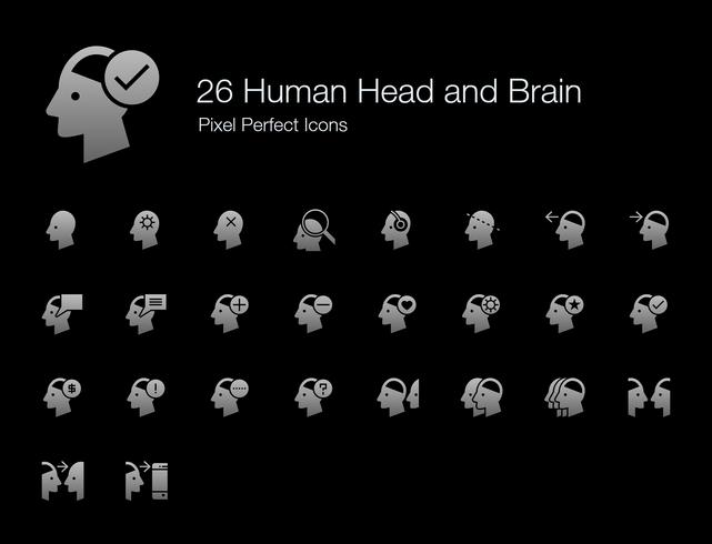 26 iconos perfectos de píxeles humanos de cabeza y cerebro (edición de sombra de estilo relleno). vector