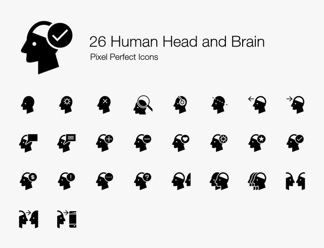 26 iconos perfectos de píxeles humanos de cabeza y cerebro (estilo relleno). vector