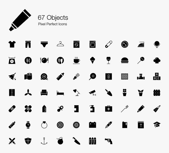 67 Objetos Pixel Iconos Perfectos (Estilo Relleno). vector