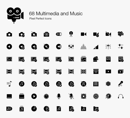 68 iconos perfectos de píxeles y música (estilo relleno). vector