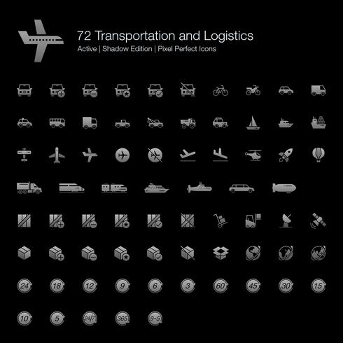 72 iconos perfectos de píxeles de transporte y logísticos (Filled Style Shadow Edition). vector