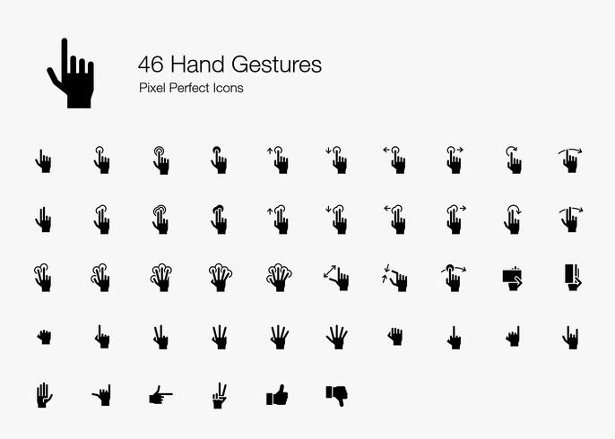46 Hand Gestures and Finger Actions Pixel Perfect Icons Filled Style. vector