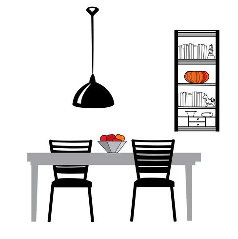 Juego de muebles de cocina: mesa, sillas, lámpara, armario. Comedor vector