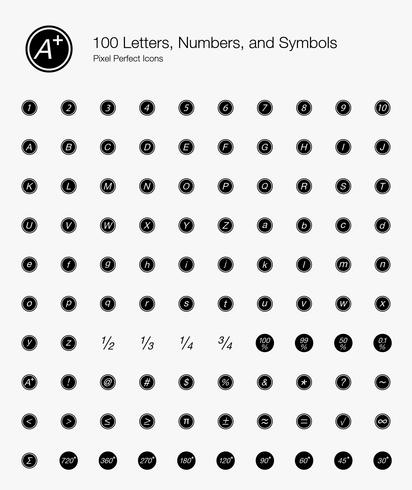 100 Letters, Numbers, and Symbols Pixel Perfect Icons Filled Style. vector