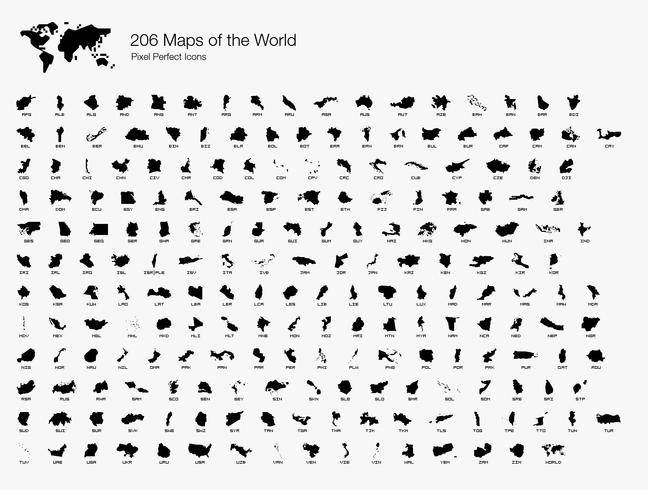 Todos los 206 países completos Mapa del mundo Pixel Iconos perfectos (estilo relleno). vector