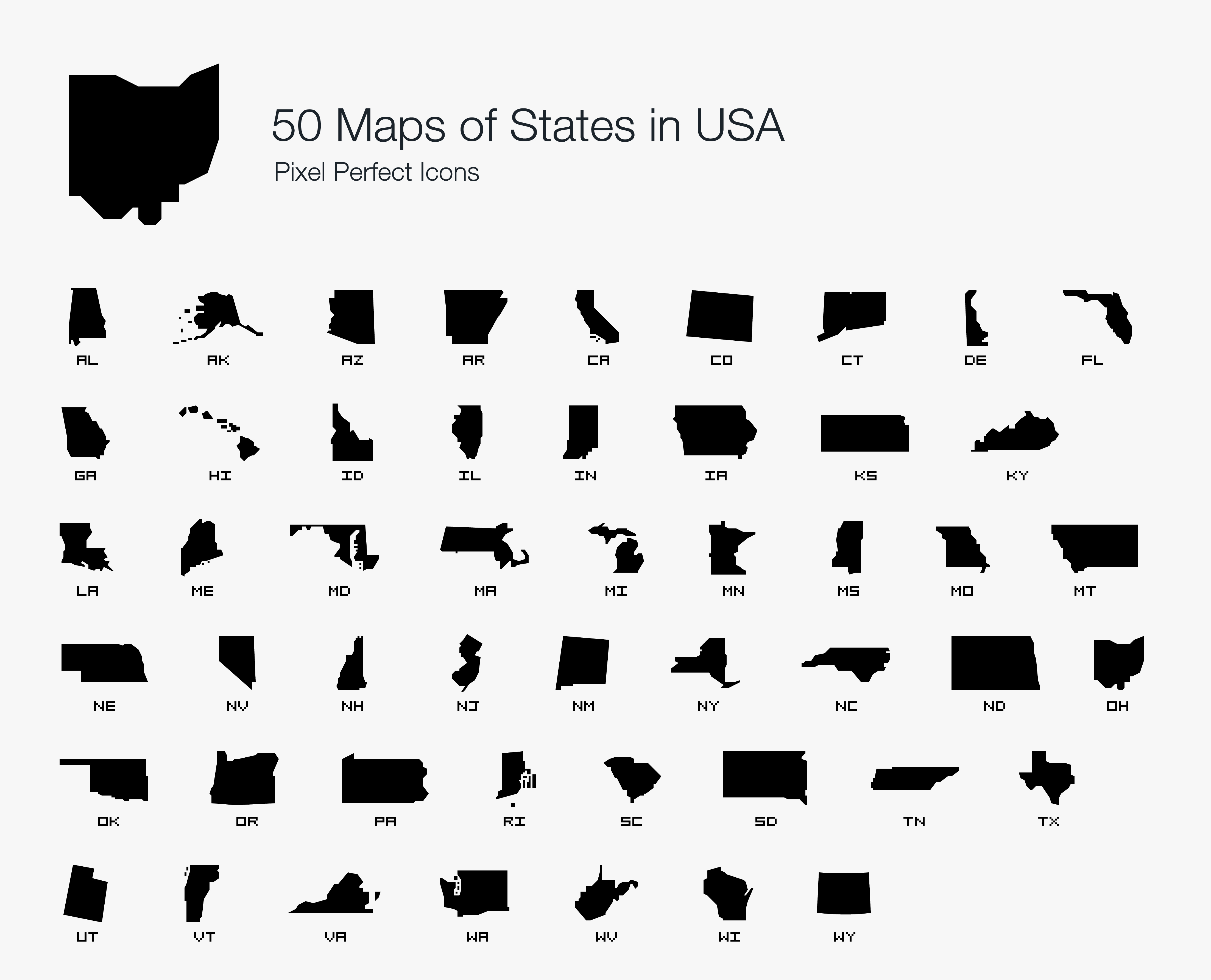 All 50 USA States Map Pixel Perfect Icons (Filled Style). 523900 Vector
