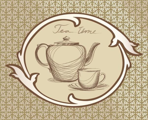 Taza de té, olla, hervidor retro tarjeta. Sistema de etiqueta del vintage del tiempo del té Bebidas calientes vector