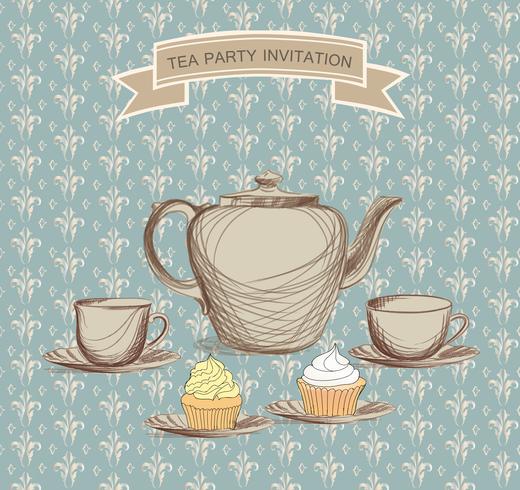 Tea cup, kettle retro card. Tea time vintage background. Hot drinks vector