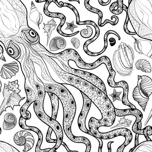 Octopus, seashell seamless pattern. Marine life background vector