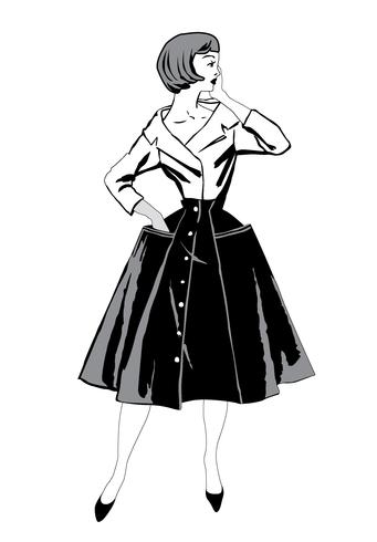 Mujer de tela con estilo. Moda de niña vestida estilo de los años 60: fiesta retro. vector