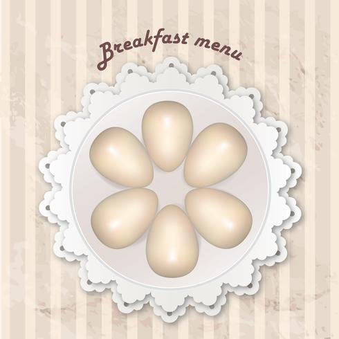 Breakfast menu with cooked eggs over seamless retro pattern. vector
