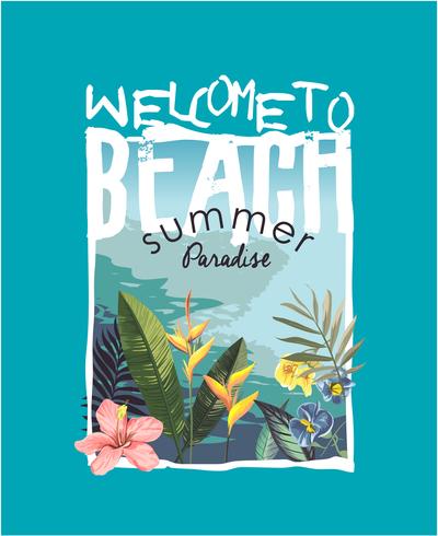 beach slogan with tropical beach and flower illustration vector