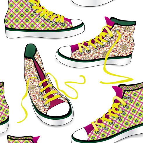 Sneakers tile background. Different sport shoes seamless pattern vector