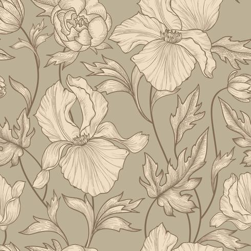 Floral seamless pattern. Flower background Engrave garden texture vector