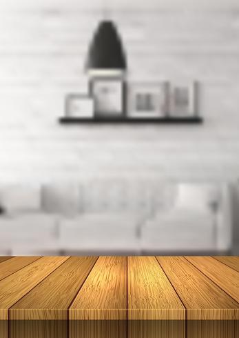 Mesa de madera con vistas a una habitación desenfocada. vector