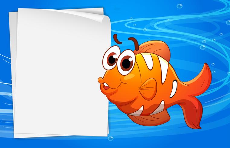 An orange fish beside an empty paper under the water vector