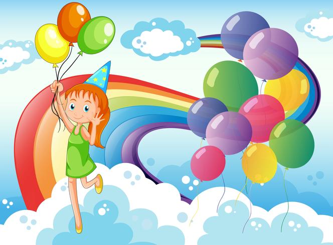 Una joven en el cielo con globos y arcoiris. vector