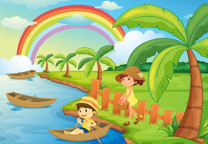 a boy and girl are boating vector