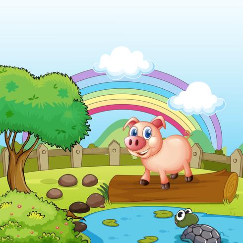 A pig standing above the trunk with a turtle at the pond  vector