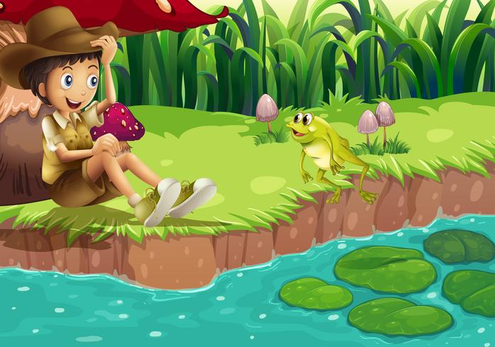 A boy and a frog at the riverbank vector