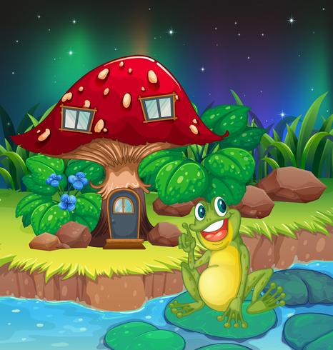 A frog sitting on a waterlily near the mushroom house vector