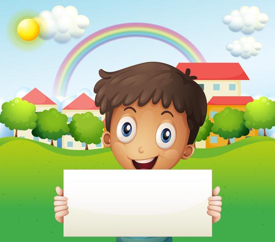 A smiling boy holding an empty cardboard vector