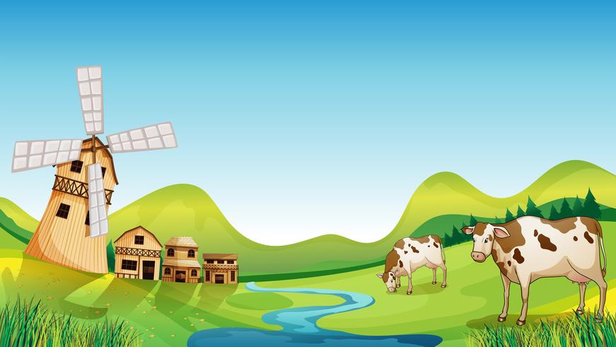 A farm with a barn and cows vector
