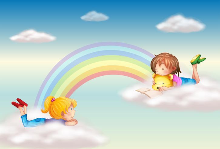 Two girls along the rainbow vector