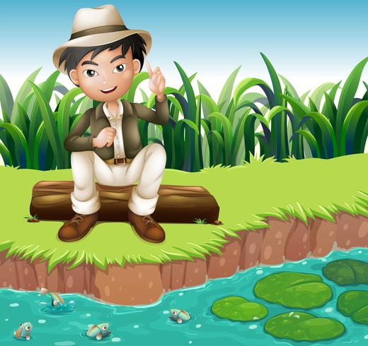 A boy sitting on a wood at the riverbank vector