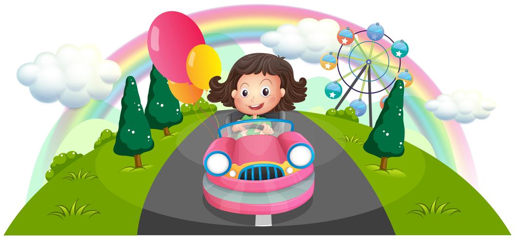 Una joven en un carro rosa con globos. vector