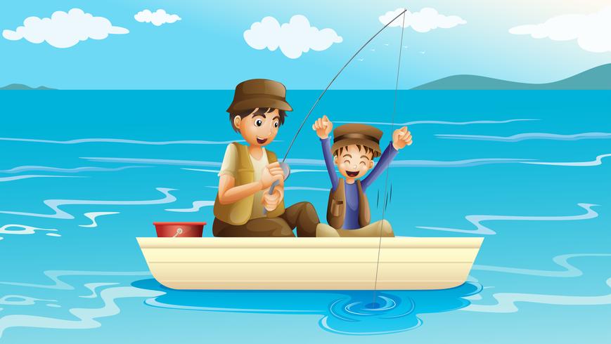 Un padre y un hijo pescando. vector