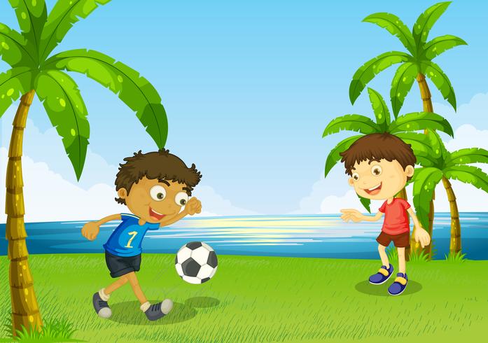 Boys playing football at the riverbank vector