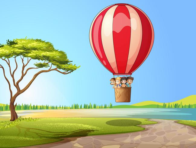 Kids in a air balloon vector
