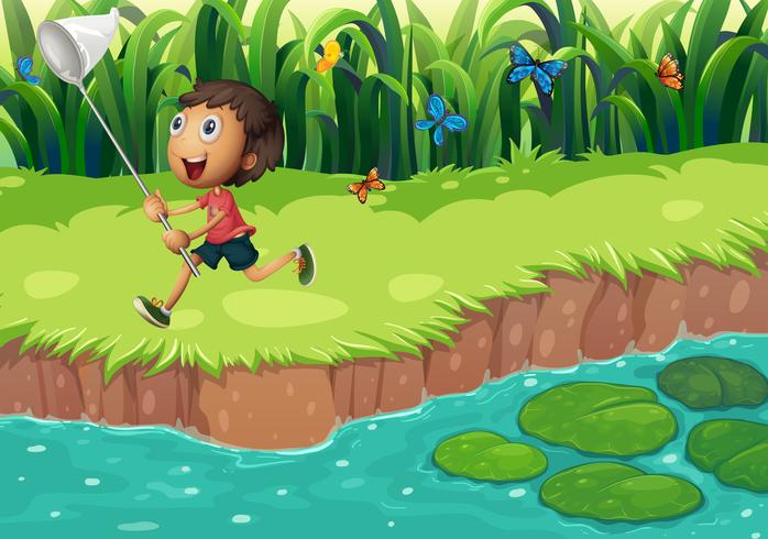 A boy catching butterflies at the riverside vector