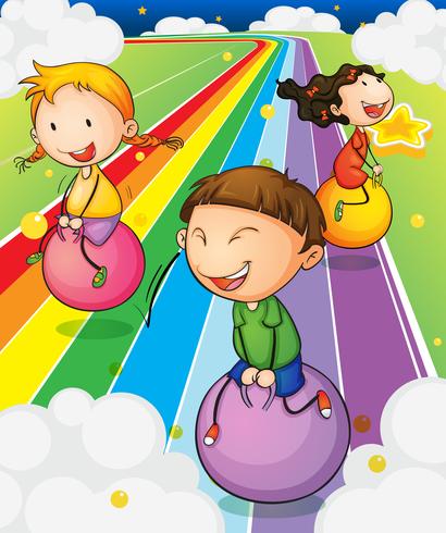 Tres niños jugando con las pelotas que rebotan en el camino colorido vector