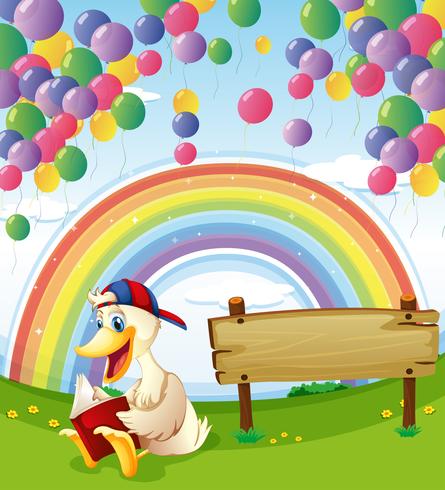 Un pato al lado de la tabla de madera con globos flotantes y un arco iris en el cielo vector